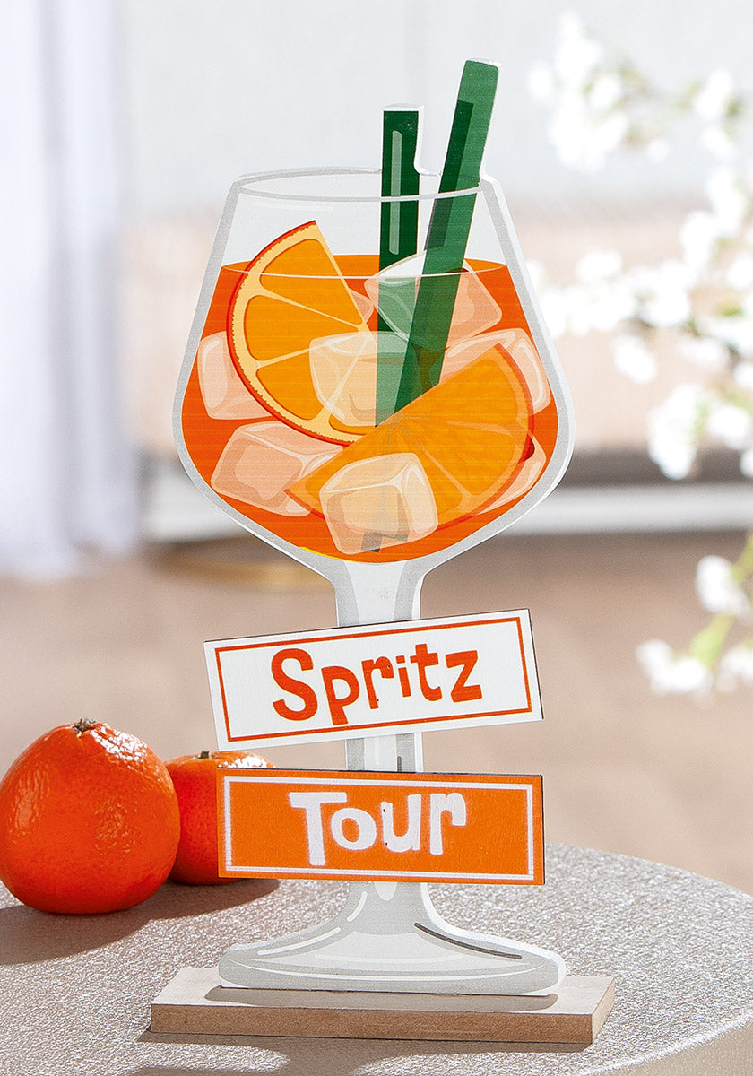 Standrelief Weinglas "Spritztour" – Dekoratives Holzrelief mit lebendigen Orangen- und Eismotiven