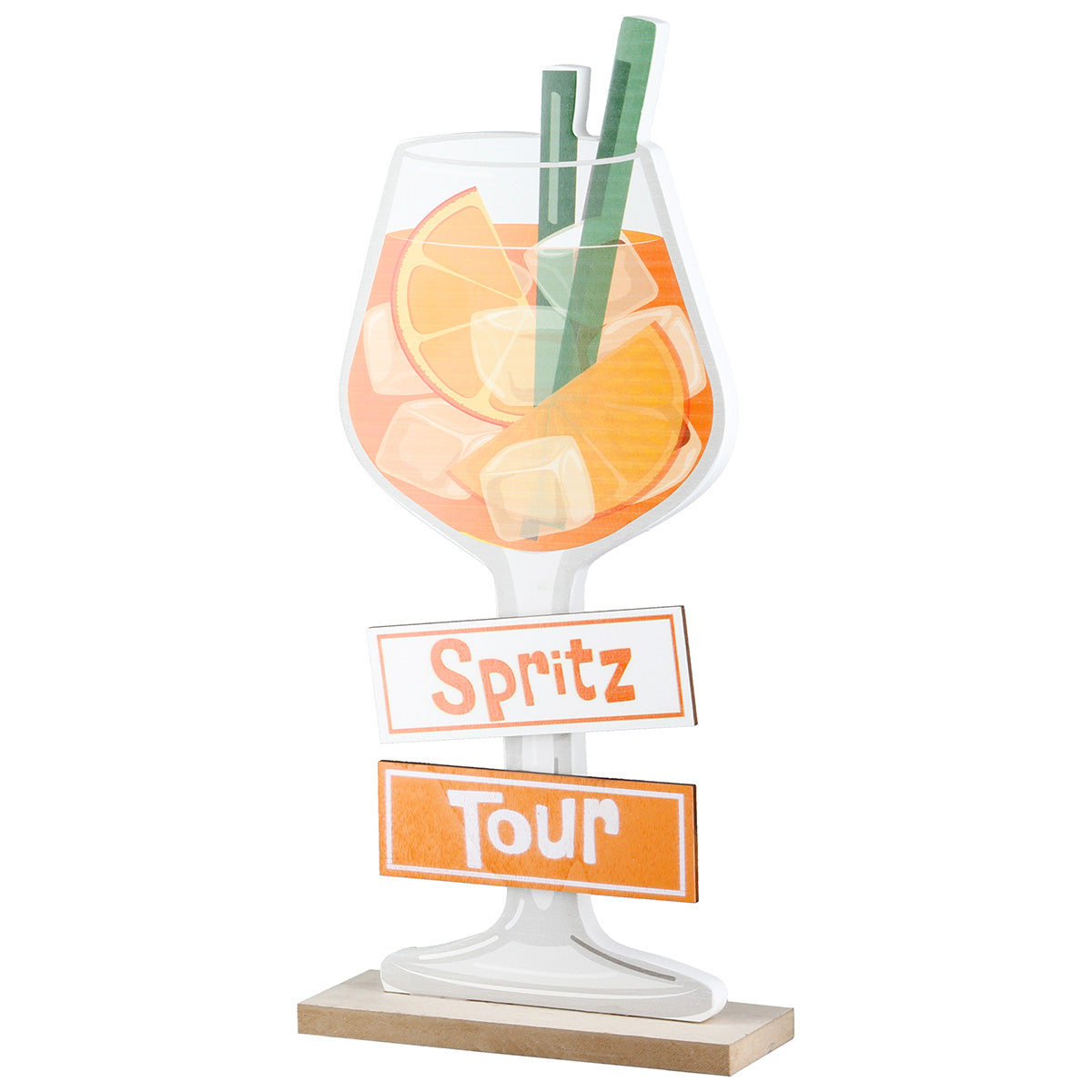Standrelief Weinglas "Spritztour" – Dekoratives Holzrelief mit lebendigen Orangen- und Eismotiven